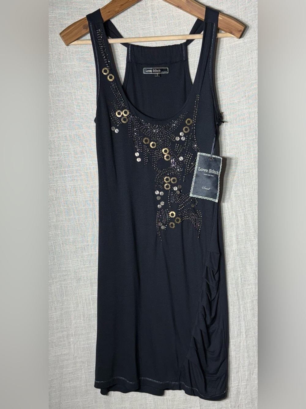 NWT Love Stitch Black Sequin Beaded Tank Mini Dress Small